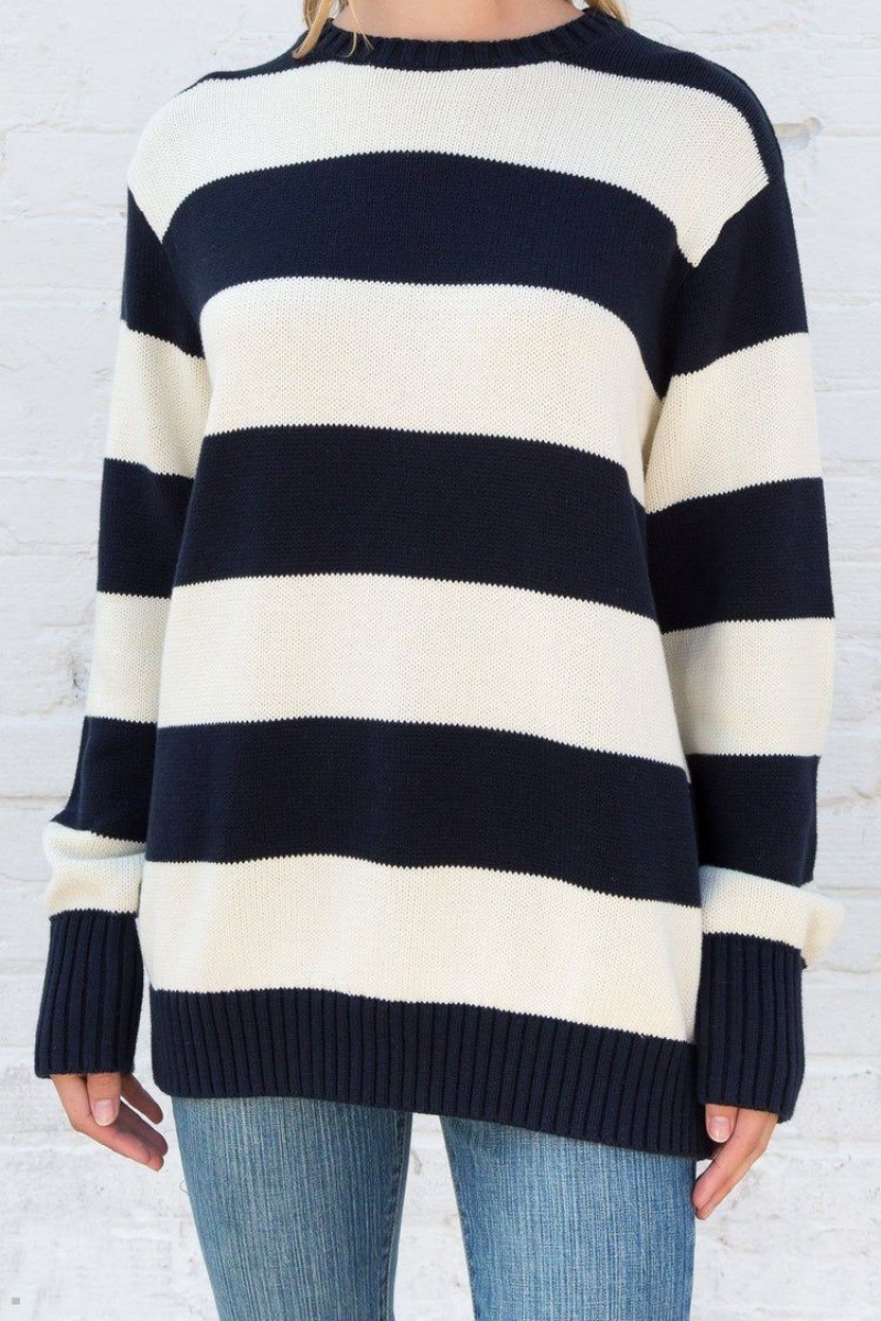 Chandail Brandy Melville Brianna Coton Thick Stripe Blanche Bleu Marine | ZDA-44343850